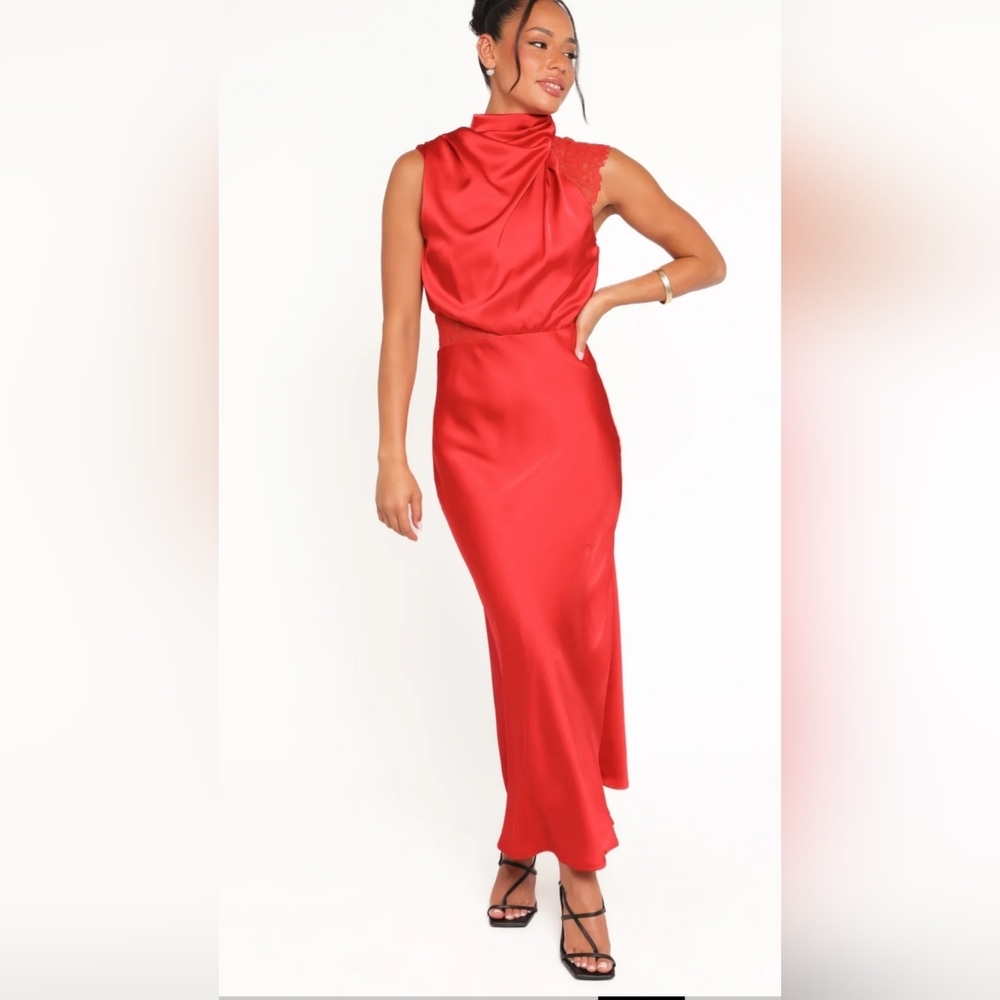 Petal & Pup High Neck Sleeveless Lace Detail Satin Maxi Dress Lined Red, SizeXS